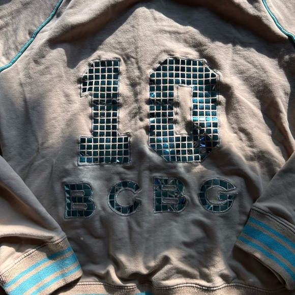 BCBCMaxAzria Tan Blue Varsity Zip Button Jacket - Picture 4 of 6